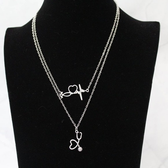 New Fashion Silver Tone Necklace with Stethoscope, Heartbeat and Heart N105 - Picture 1 of 5